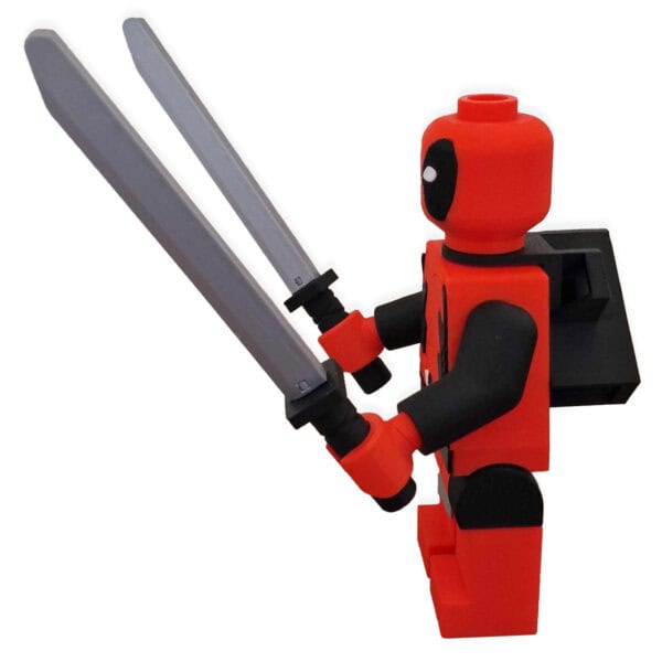 Deadpool-inspired maxifig, side view with katanas, by Mr3Dprintz, available at Infinite Brick
