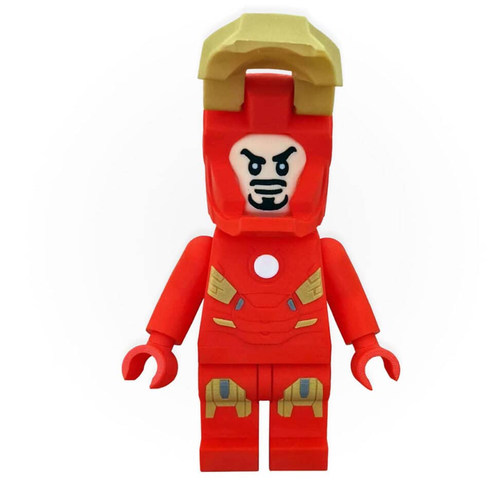 Iron Man-inspired maxifig, front view helmet open, by Mr3Dprintz, available at Infinite Brick