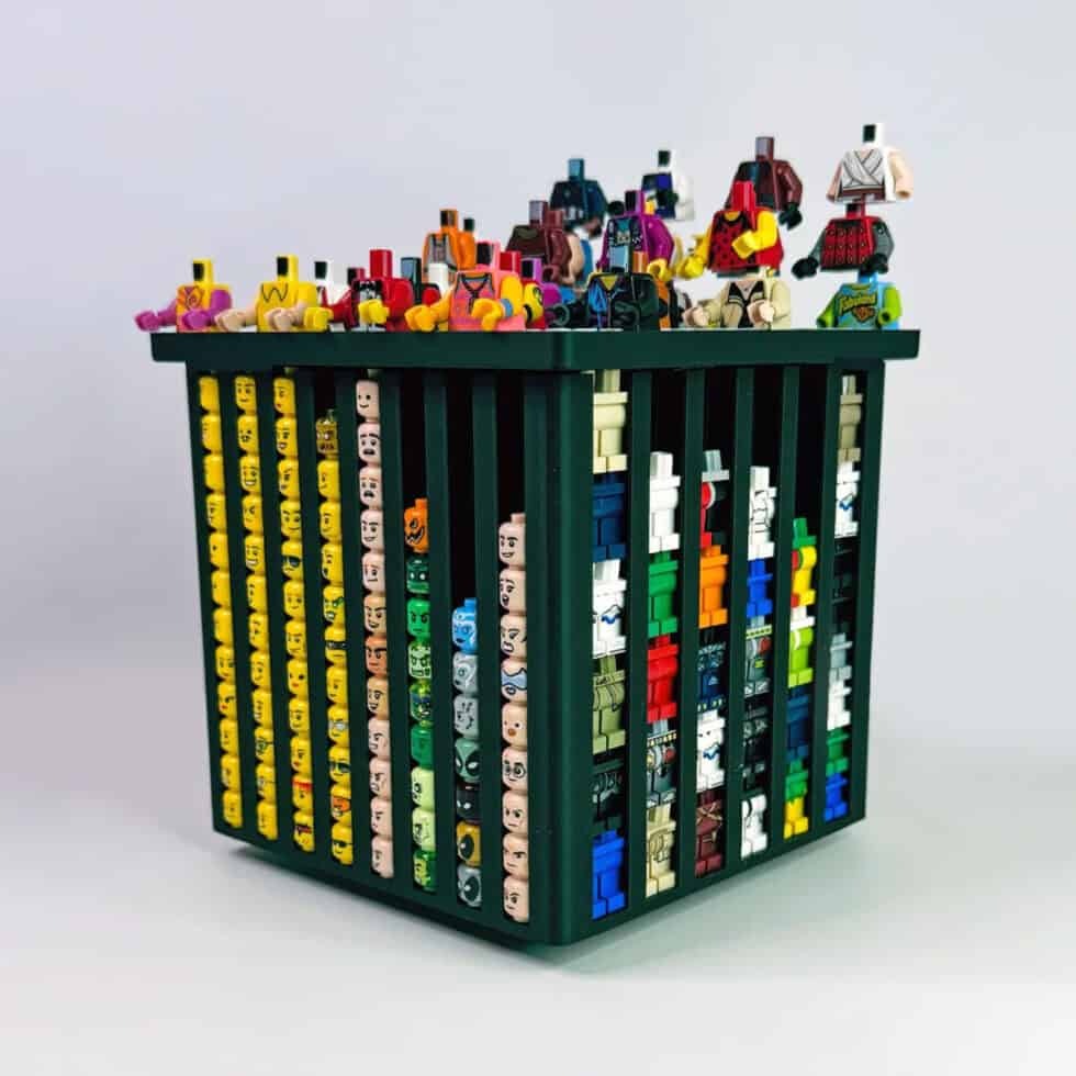 Black LEGO minifigure organizer by FigFix, shown full of elements