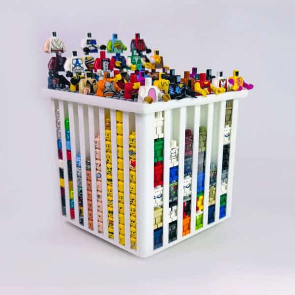 White LEGO minifigure organizer by FigFix, shown full of elements
