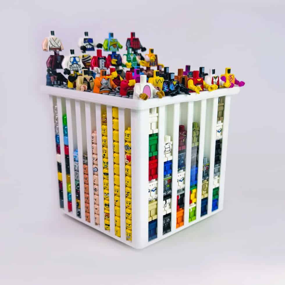 White LEGO minifigure organizer by FigFix, shown full of elements