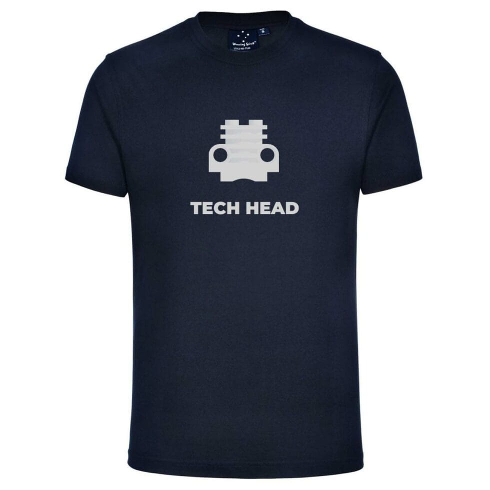 Navy LEGO-inspired Tech Head T-Shirt, front view, by Brick Thinking, exclusively available at Infinite Brick.