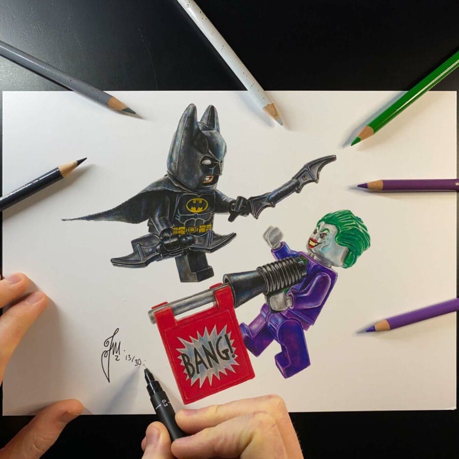LEGO Batman and Joker Minifigures Hand-Drawn Art Print - Limited Edition