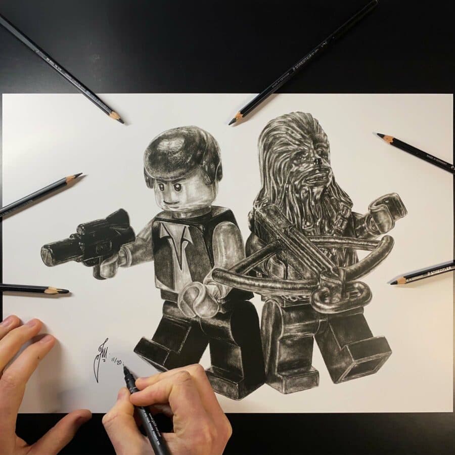 lego-han-solo-and-chewbacca-minifigure-drawing-limited-edition-print-tom-mothersole-art