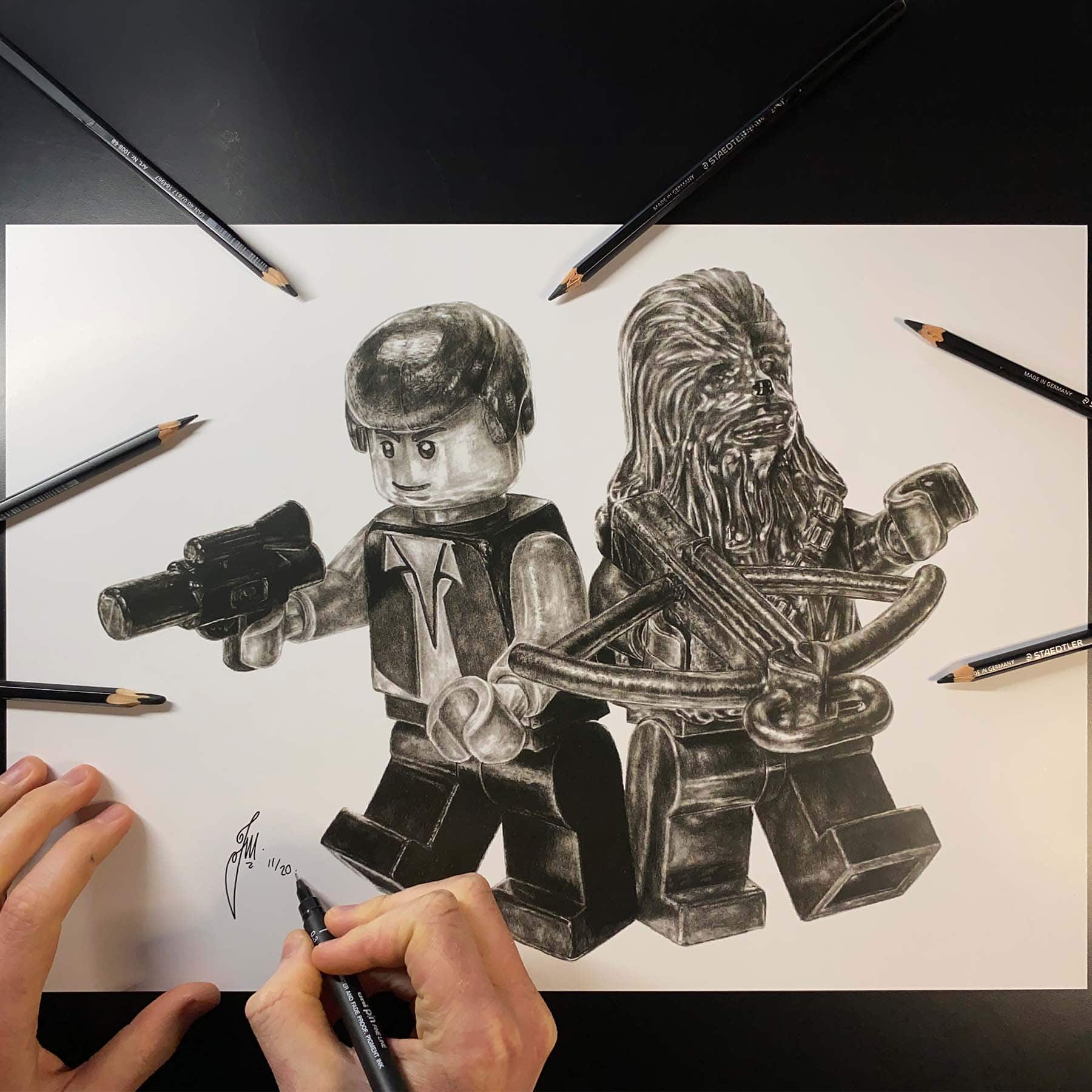 LEGO Han Solo and Chewbacca Minifigs Hand-Drawn Art Print - Limited Edition