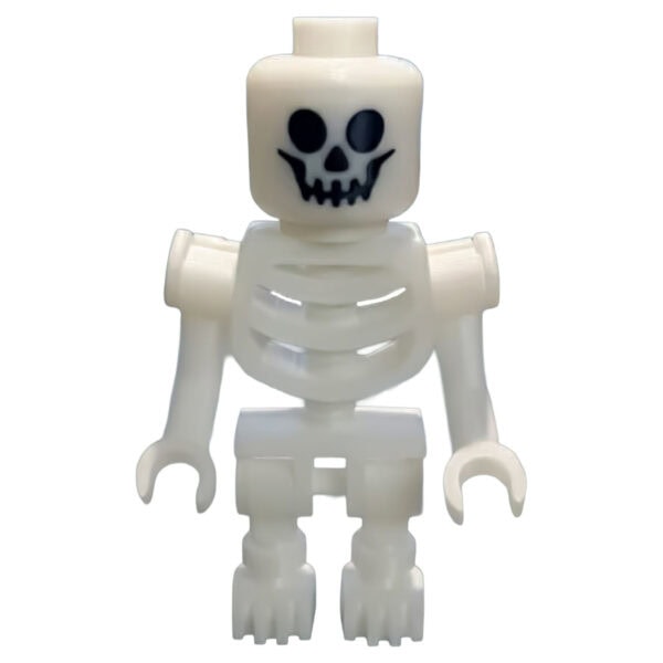 8-inch glow-in-the-dark skeleton figure on white background, Halloween display collectible, 3D printed by Petite Brique, available at Infinite Brick.