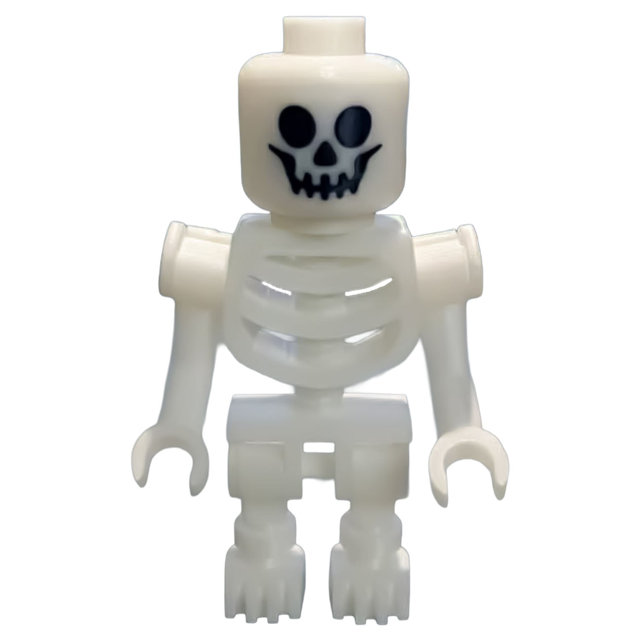 8-inch glow-in-the-dark skeleton figure on white background, Halloween display collectible, 3D printed by Petite Brique, available at Infinite Brick.
