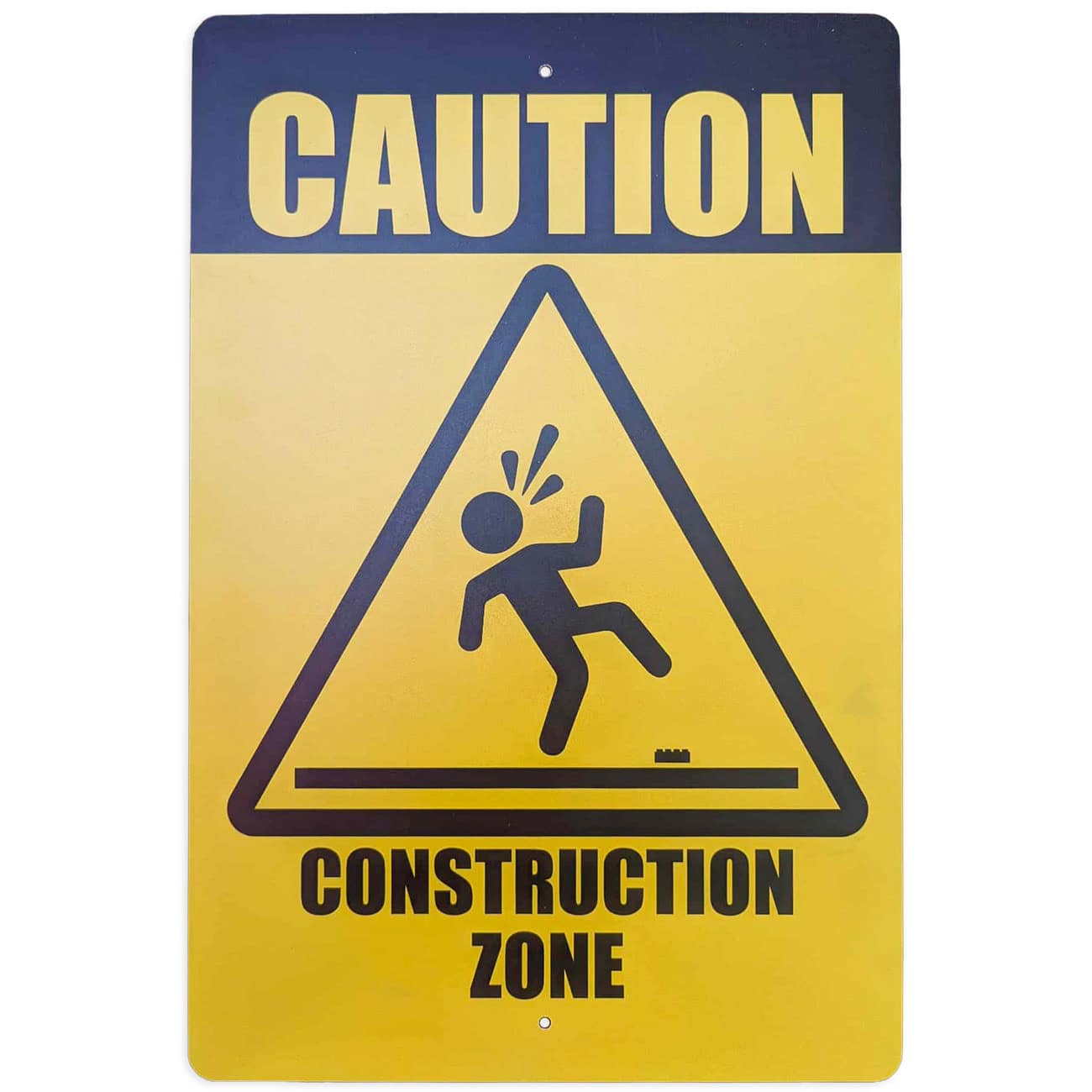 Yellow Caution Construction Zone Metal Sign, front view, featuring a figure stepping on a brick, by True North Bricks, available at Infinite Brick