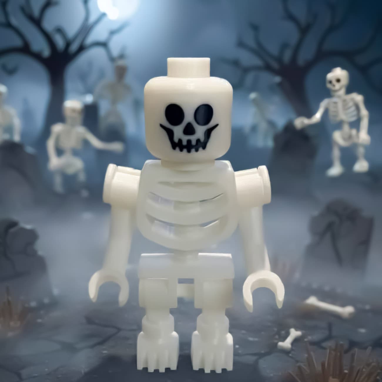 8-inch glow-in-the-dark skeleton figure, Halloween display collectible, 3D printed by Petite Brique, available at Infinite Brick.