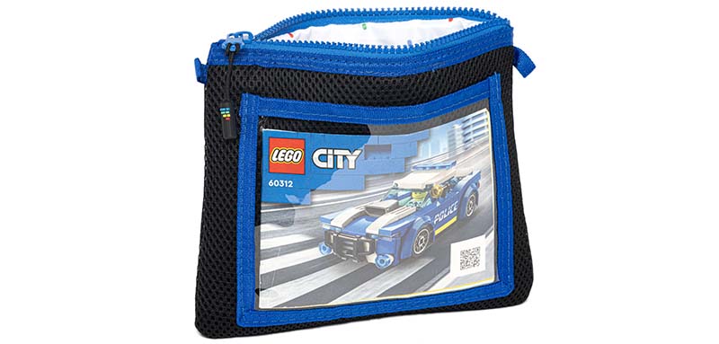Small blue Brick Bagz bag showing instruction storage pouch