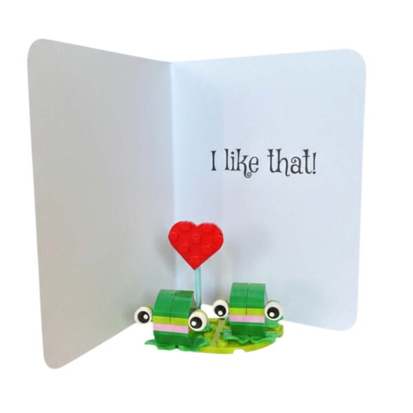 Interior of the frog all-occasion card showing message area with completed mini LEGO frog build