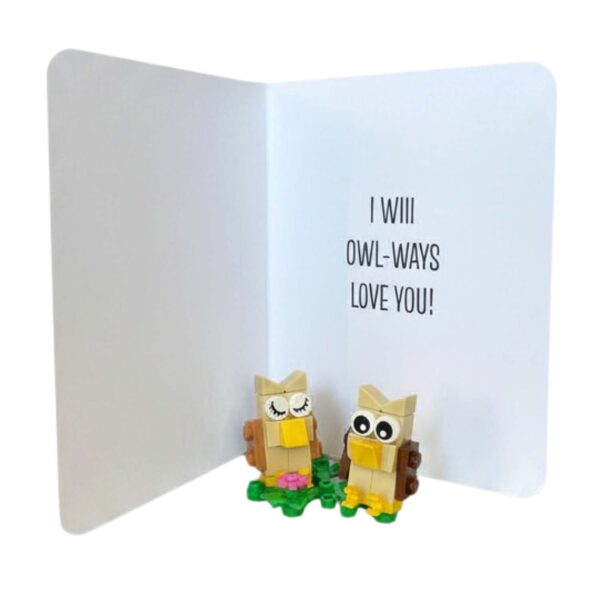 Interior of the owl greeting card showing message area with completed mini LEGO owl build