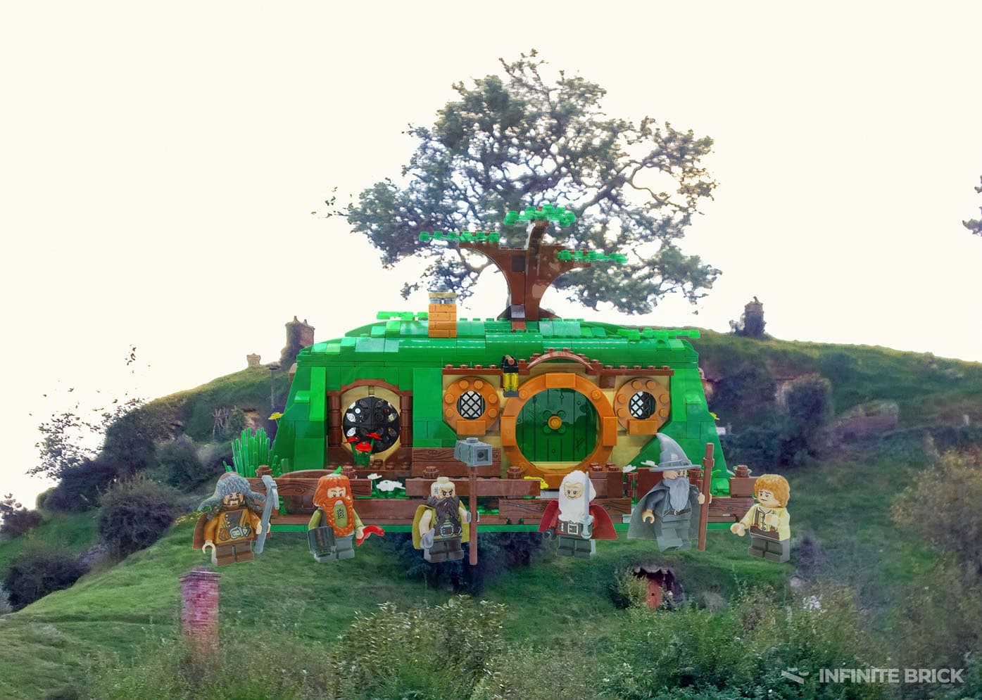 The Round Green Door — LEGO and Real Life LEGO set 79003 An Unexpected Gathering composited against the real Bag End hill at Hobbiton, New Zealand
