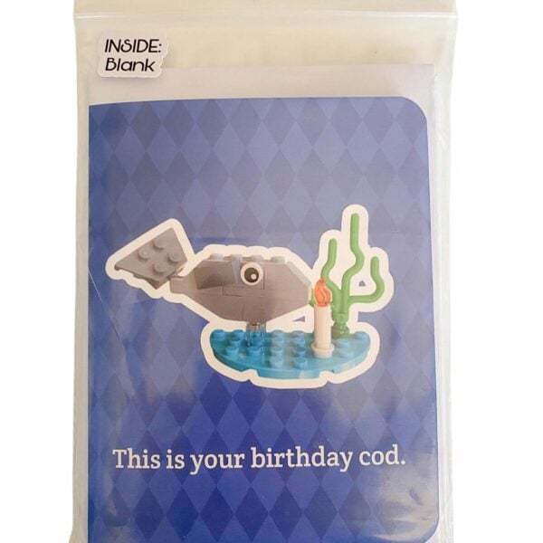 Complete fish card and LEGO brick build set showing card alongside all included pieces