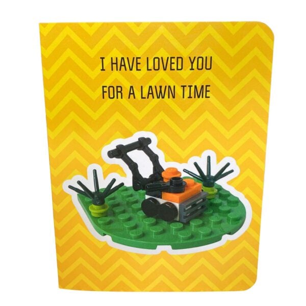 Front of the "I Have Loved You for a Lawn Time" greeting card with illustrated lawn mower design and card title
