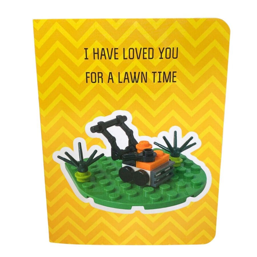Front of the "I Have Loved You for a Lawn Time" greeting card with illustrated lawn mower design and card title