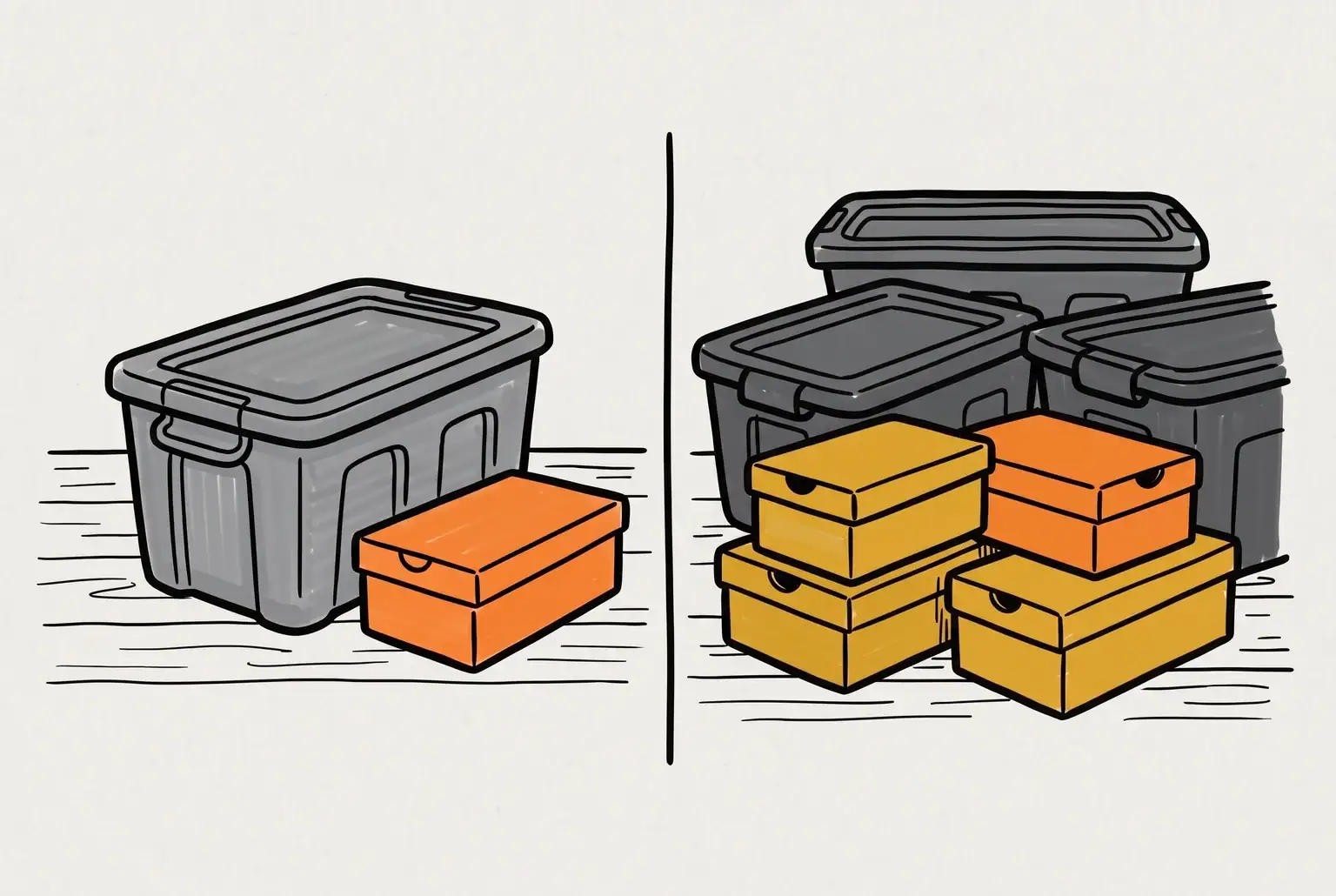 Illustration of a single storage tote multiplying into several overflowing bins