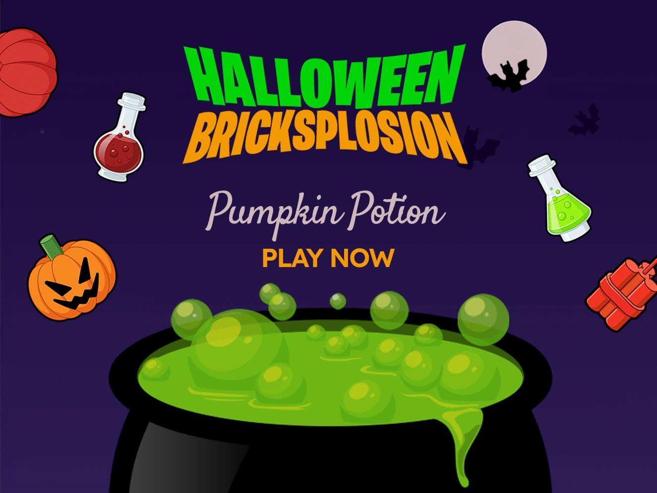 Pumpkin Potion game art: the Halloween Bricksplosion logo over a bubbling cauldron, with a jack-o’-lantern, potion bottles and dynamite flying across a purple night sky.